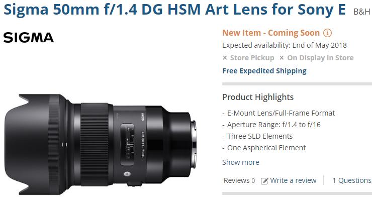 Sigma FE 50mm F1.4 DG ARt lens