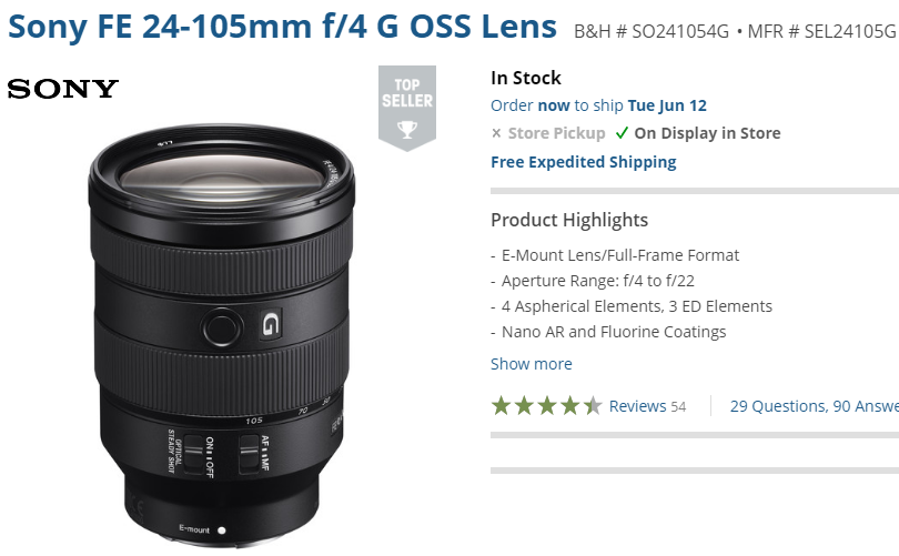 Sony FE 24-105mm lens in stock