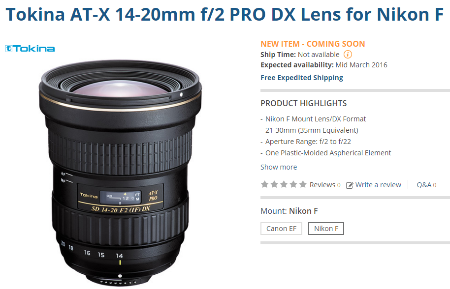 Tokina AT-X 14-20mm F2 PRO DX Lens pre-order