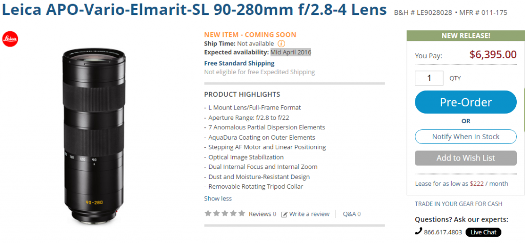 Leica APO-Vario-Elmarit-SL 90-280mm f2.8-4 Lens pre-order