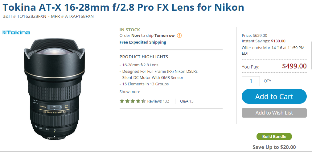 Tokina AT-X 16-28mm lens deal