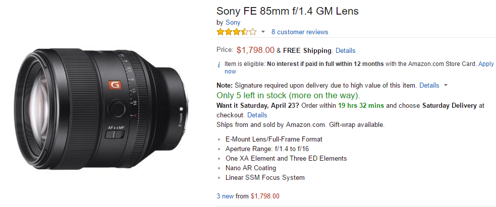 Sony FE 85mm F1.4 GM lens in stock