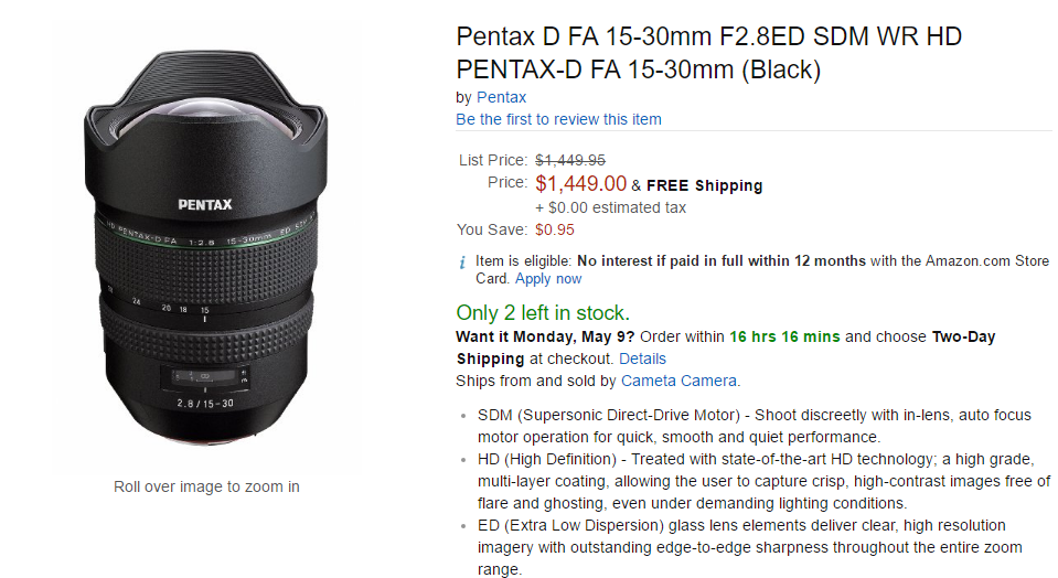Pentax D FA 15-30mm F2.8 lens in stock