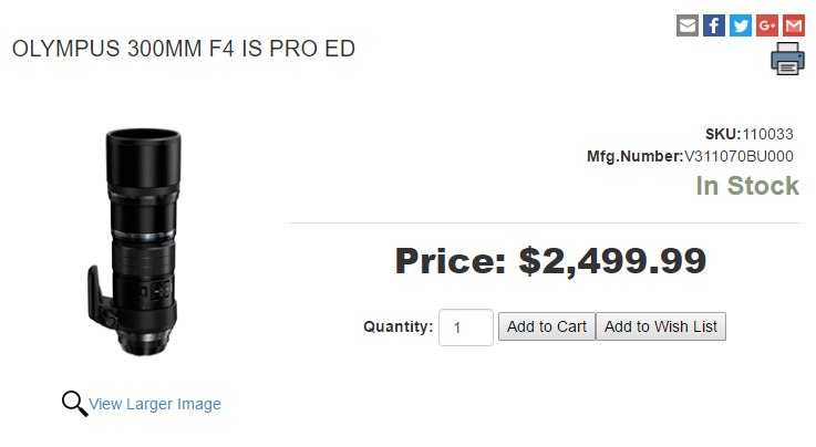 Olympus 300mm F4 IS Pro ED lens in stock