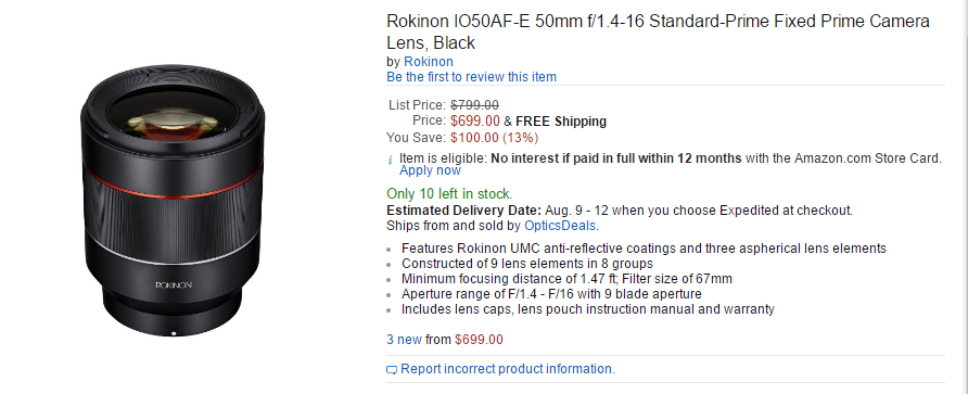 Rokinon 50mm F1.4 FE lens in stock