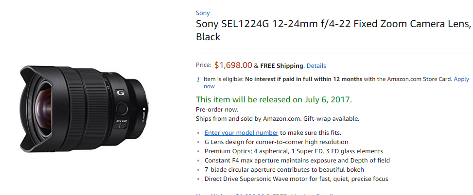 Sony FE 12-24mm F4 G lens shipment