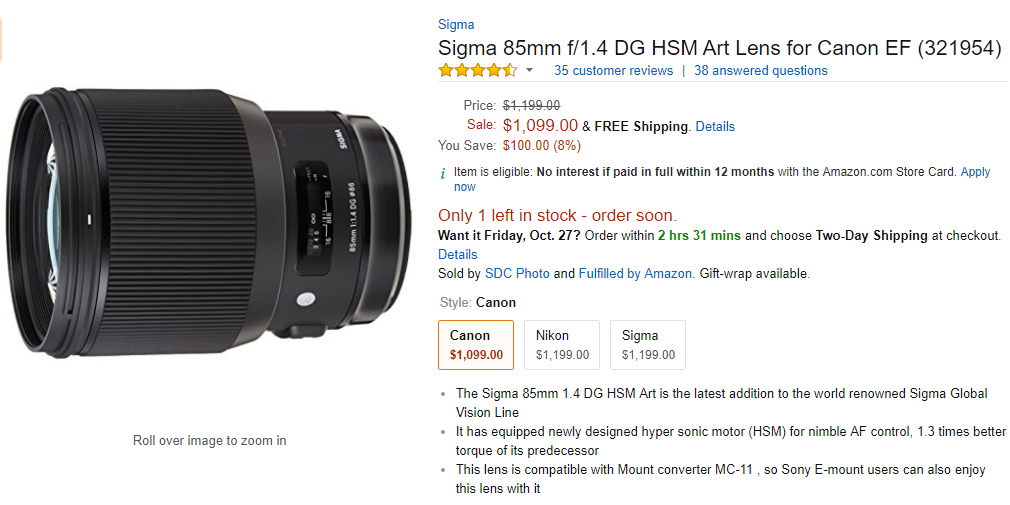 Sigma 85mm F1.4 DG Art lens deal
