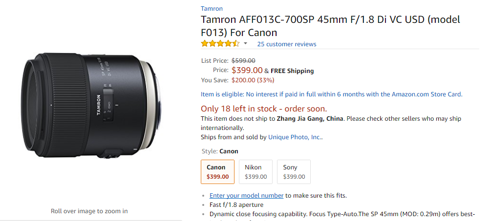 Tamron sp 45mm F1.8 lens deal