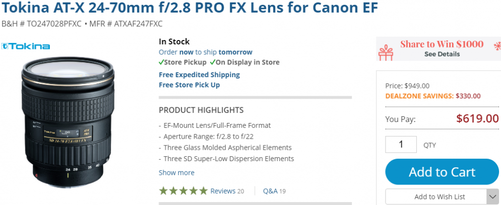 Tokina AT-X 24-70mm F2.8 Pro lens deal