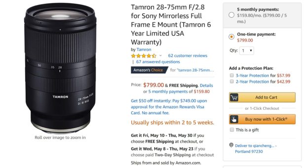 Hot Deal: Tamron FE 28-75mm F2.8 Di III RXD Lens for $799 at Amazon !