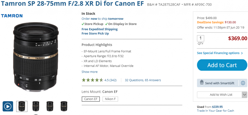 Tamron sp 28-75mm F2.8 XR Di lens deal