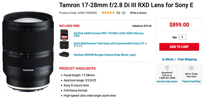 Tamron 17-28mm lens stock